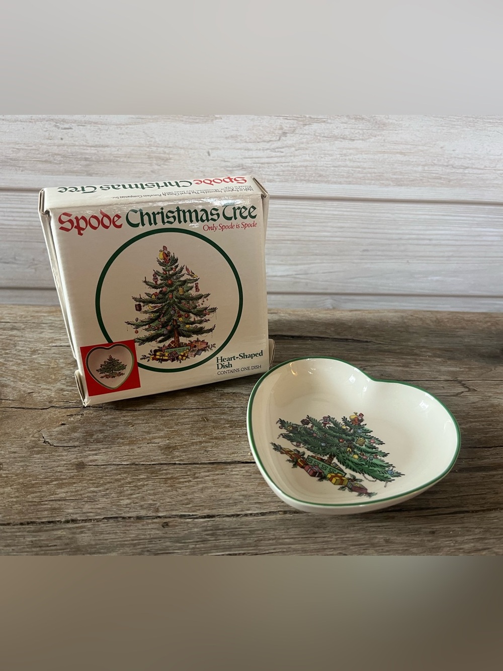 Vintage Spode Heart Dish with Green-Rimmed Christmas Tree